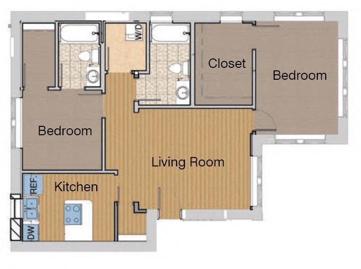 Floor plan for 2 beds, 2 baths, 715 sqft